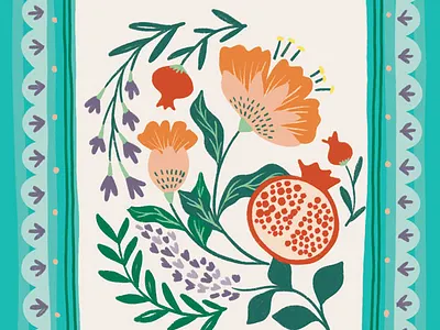 Pomegranate Floral flowers fruit garden handdrawn illustration liliac pomegranate pomegranate art spring garden stripes summer garden