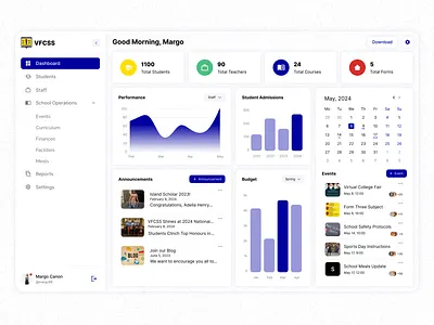 Admin Interface Design for a School admin interface administrator branding budget calendar dashboard data table design challenge directory events list product design school sidebar stats students table ux ux design visual design web design