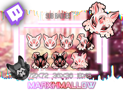 Pink Kitsune Mask Tier Sub Badges For Twitch animal custom twitch emotes fox demon illustration kawaii twitch emotes kitsune kitsune mask pink kitsune sub badges twitch assets