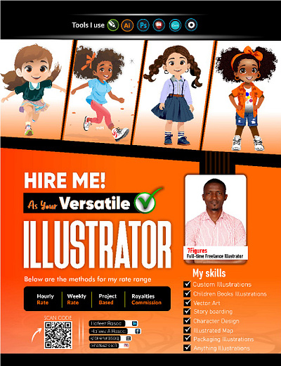 Hire me! As your versatile Illustrator graphic design motion graphics
