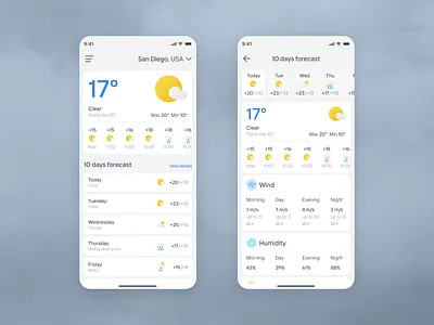 Weather App Design android app clean design forecast gps ios minimalistic mobile design mobile ui modern temperature track ui ux weather weather app weather prediction weather widget web design