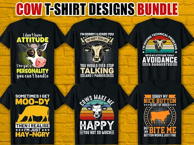 Cow T-shirt Designs Bundle animal animals apparel cattle cow cows custom t shirt design graphic design merch design milk pet pet design petlover print on demand t shirt tee tee shirt trendy typography typography t shirt