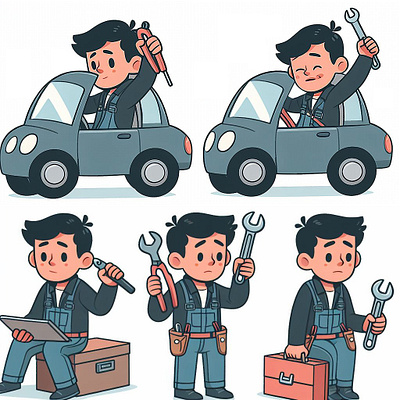 First time car fixing auto fix automobile cartoon character illustration my auto fix