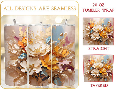 25 Oil Painting Floral Seamless Tumbler Wrap Design 20oz skinny tumbler