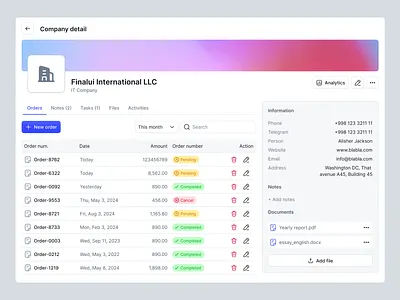 Company profile page admin ui company detail page company infomration ui company profile company profile ui crm orders list organizaion page saas saas admin ux