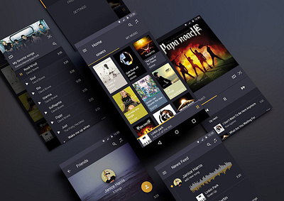Android music App Material design UI black dark feed home login lollipop market materialdesign news screen social sound