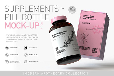 Vitamins Supplement Bottle Mock-Up medical mockup oil ointment organic packaging peppermint pharma pills presentation product mock up pure rose tea tree