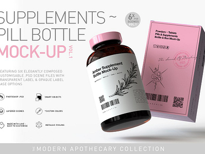 Vitamins Supplement Bottle Mock-Up medical mockup oil ointment organic packaging peppermint pharma pills presentation product mock up pure rose tea tree