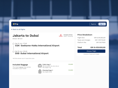 Flight ticket booking website, product detail page. ui website design