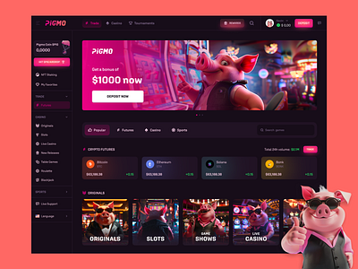 Pigmo GambleFi Platform 3d ai aposta bet bitcoin cripto crypto defi exchange gamble gambling games midjourney nft trade trading uidesign uiux uxdesign web3