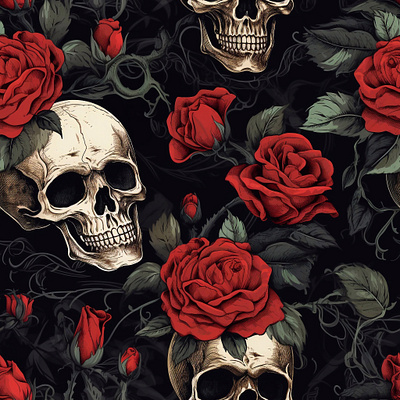 Seamless pattern with skulls and red roses flowers Textile desig abstract background botanical cloth design fabric fashion floral flower halloween illustration pattern print romance rose roses skull textile vintage wallpaper