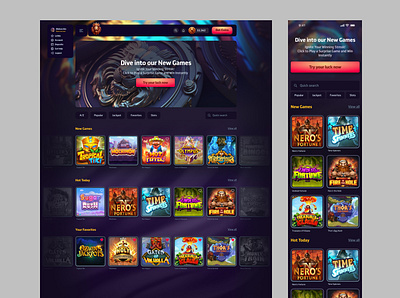 Dark Purple Casino Web UI Design Lobby casino casino app coins complex ui dark ui elegant games gallery gaming header menu lobby netflix slider purple slider thumbnails slot games web app web design