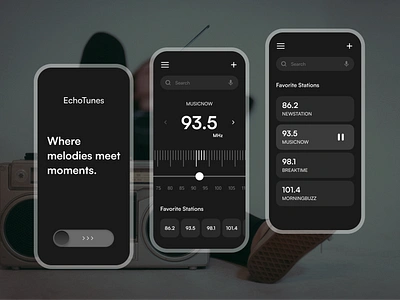 FM Radio Mobile Application app design app mockup dark mobile app fm am fm radio app fm radio mobile app fm stations frequency minimal mobile app design mobile app radio mobile mockup modern radio app radio mobile app ui design user interface ux design