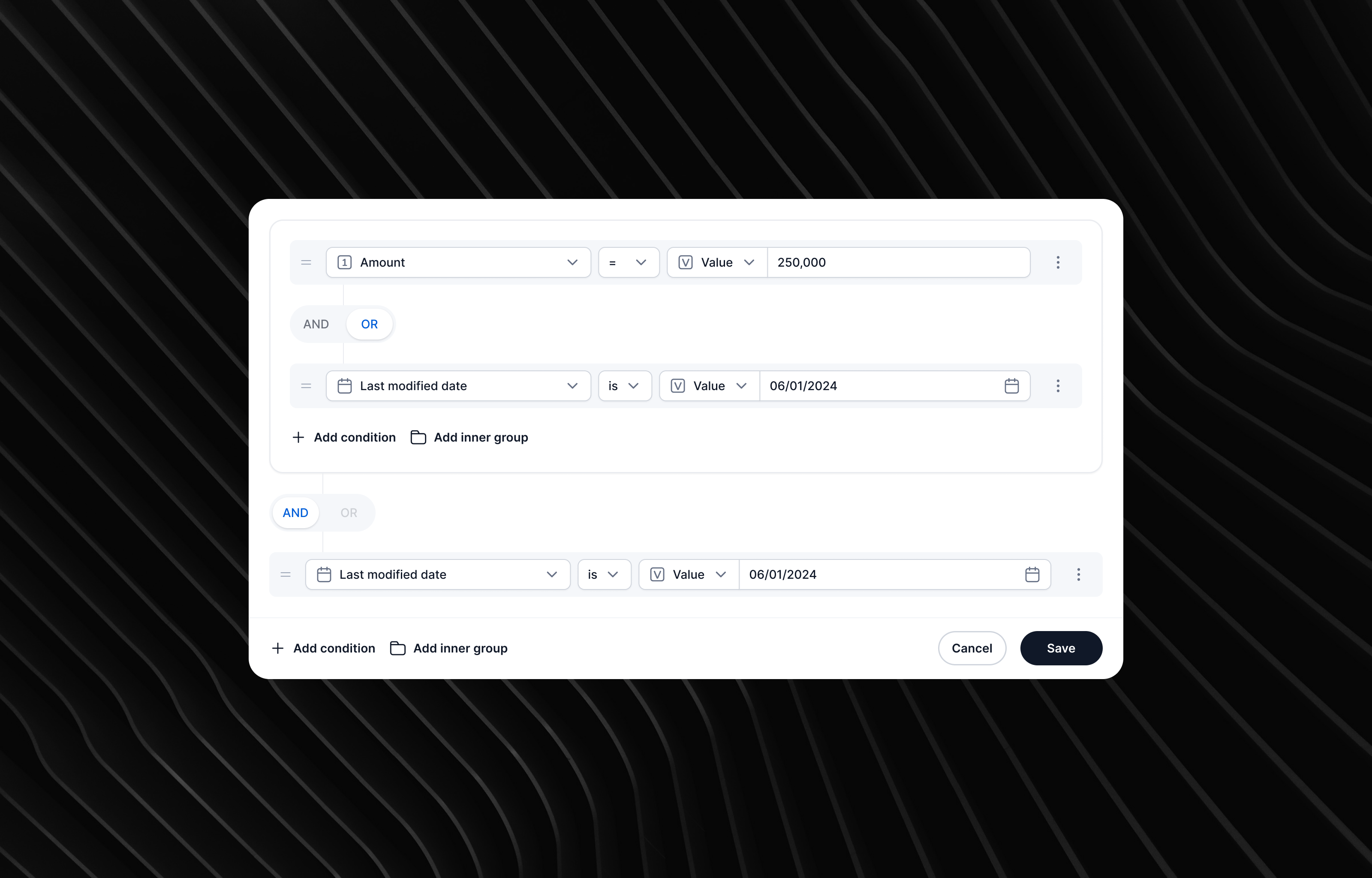 Conditions setup builder condition form hr hrm product progress query rule ui ux web web application
