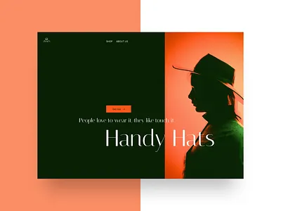 Handmade Hats Web Design ecommerce eshop figma graphic design green hat landing page minimal modern orange shadow ui website woman