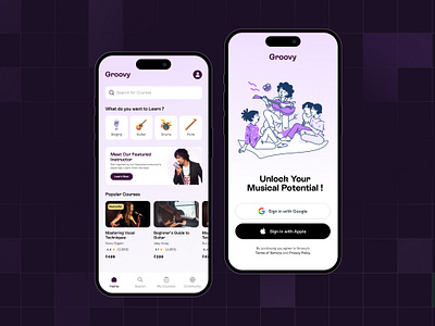 Groovy - A Music Learning app app appui branding design education elearning figma graphic design graphicdesign learning minimalist mobile music song ui uiux ux