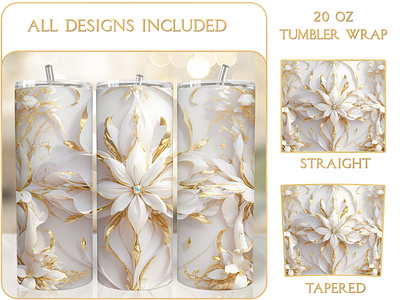 Lux Golden White Floral Seamless Tumbler Wrap Sublimation 3d tumbler wrap