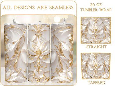 Lux Gold White Floral Seamless 20 Oz Tumbler Sublimation 3d tumbler wrap