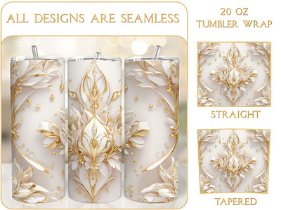 Luxury Gold White Floral 20 Oz Tumbler Sublimation 3d tumbler wrap