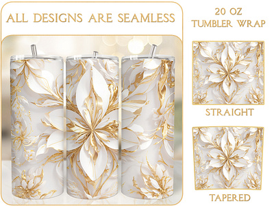 Luxury Golden White Floral Seamless 20 Oz Tumbler Wrap Design 20oz skinny tumbler printable tumbler wrap design