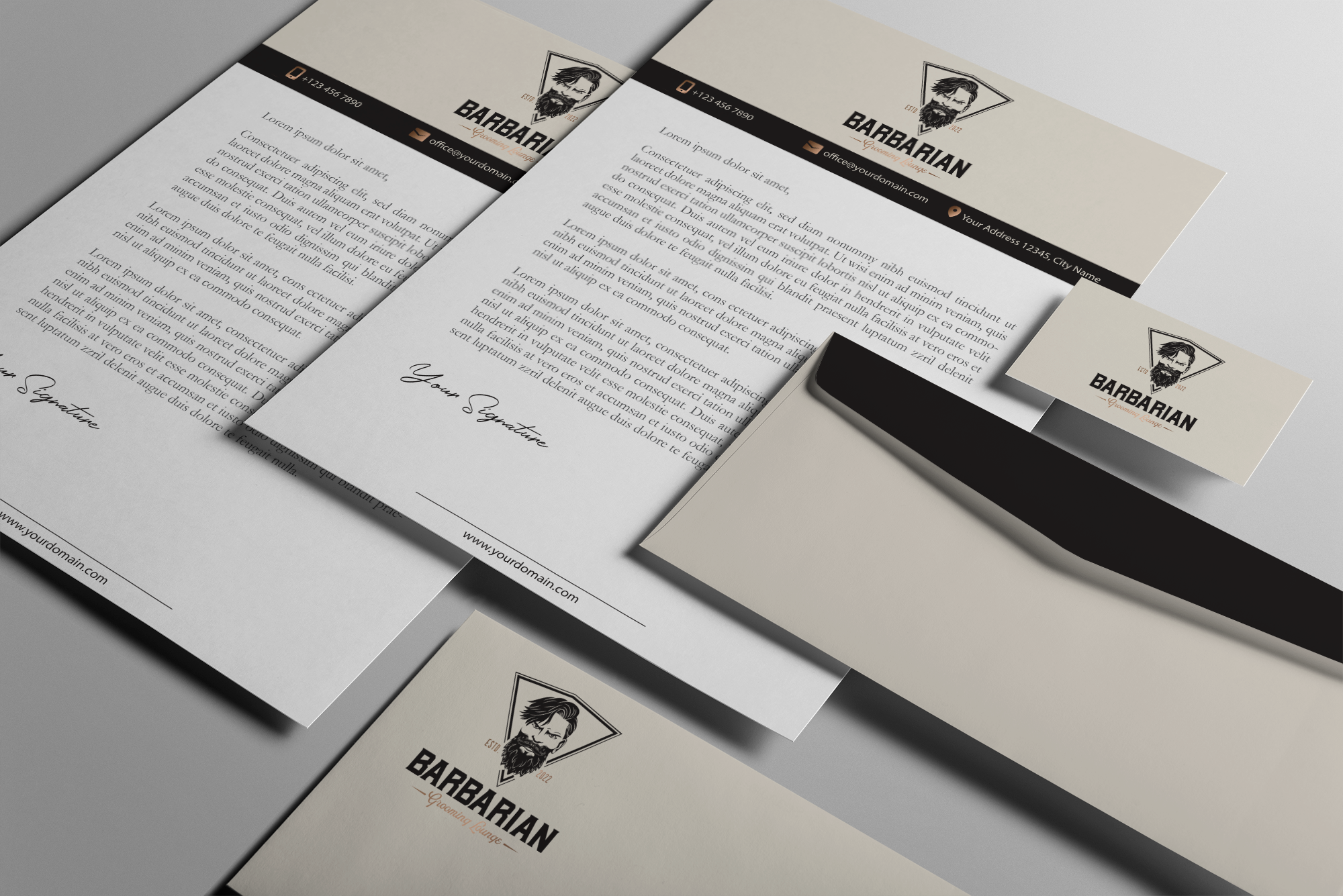 Barbarian barbershop branding graphema digital graphic design identify illustrator letterhead logo masculine photoshop raster spa stationary vector wellness