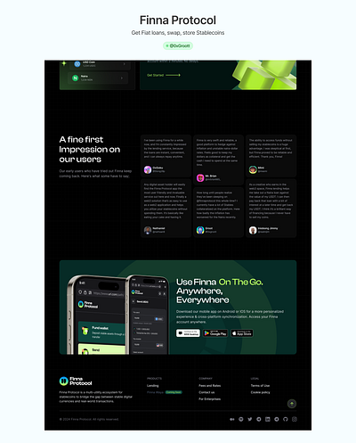 Finna Protocol Website Sections. dark desktop fintech ui web3 website