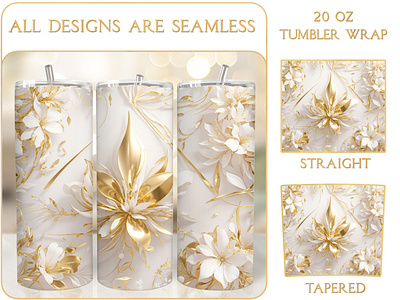 Luxury Golden White Flower Tumbler Wrap Sublimation 3d tumbler wrap