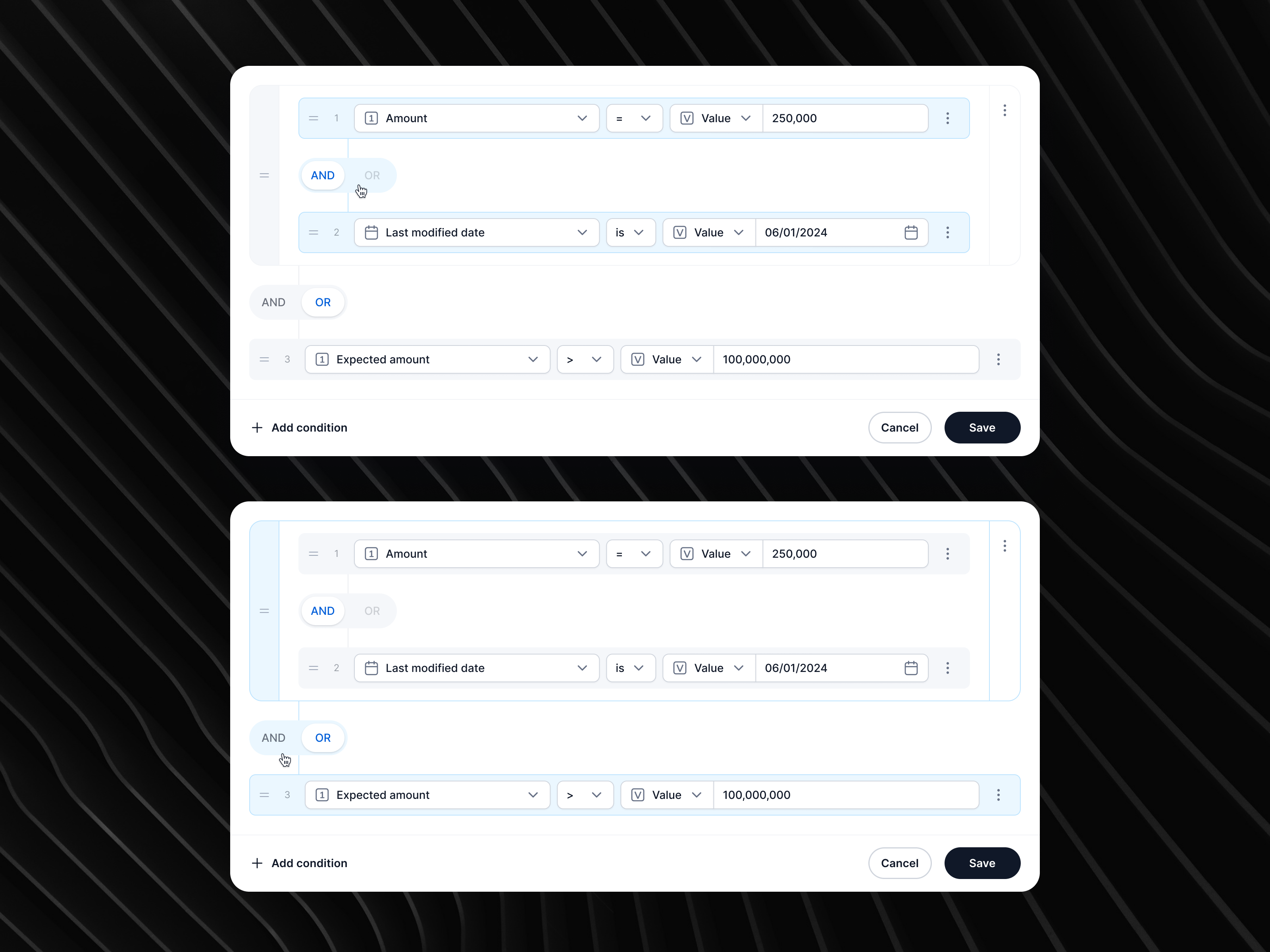 Set conditions - Another solution application builder condition form hr hrm product progress rule ui ux web application