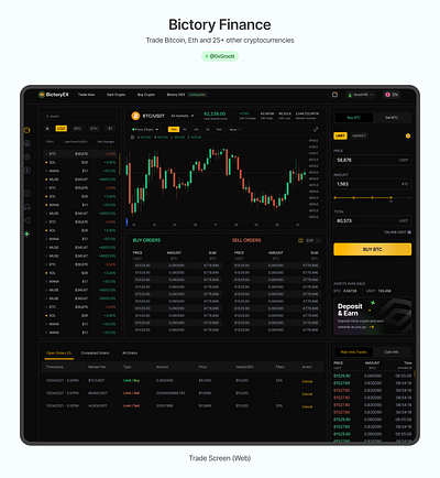 Bictory Custodial Cryptocurrency Exchange - Trade screen. crypto desktop exchange fintech trade ui web3
