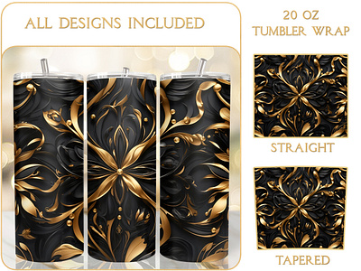 Luxury Gold Black Floral 20 Oz Tumbler Wrap Sublimation 3d tumbler wrap