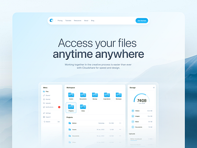 CloudShare Hero app blue blur clean cloud design files fluent landing minimal page ui