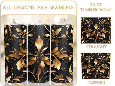 Lux Golden Black Floral Tumbler Wrap Sublimation Design 3d tumbler wrap