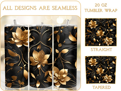 Luxury Gold Black Flower 20 Oz Tumbler Wrap Design 3d tumbler wrap straight tumbler sublimation