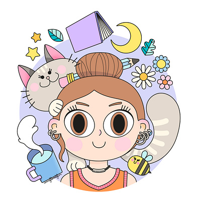 Me and the things I like 2d bee cat character children cute design digital drawing graphic design illustration kawaii nature painting portrait textures vector