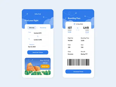 Flight Ticket App Home Page - Boarding Pass boarding pass flight app flight search page flight ticket search page ui user experience user interface ux