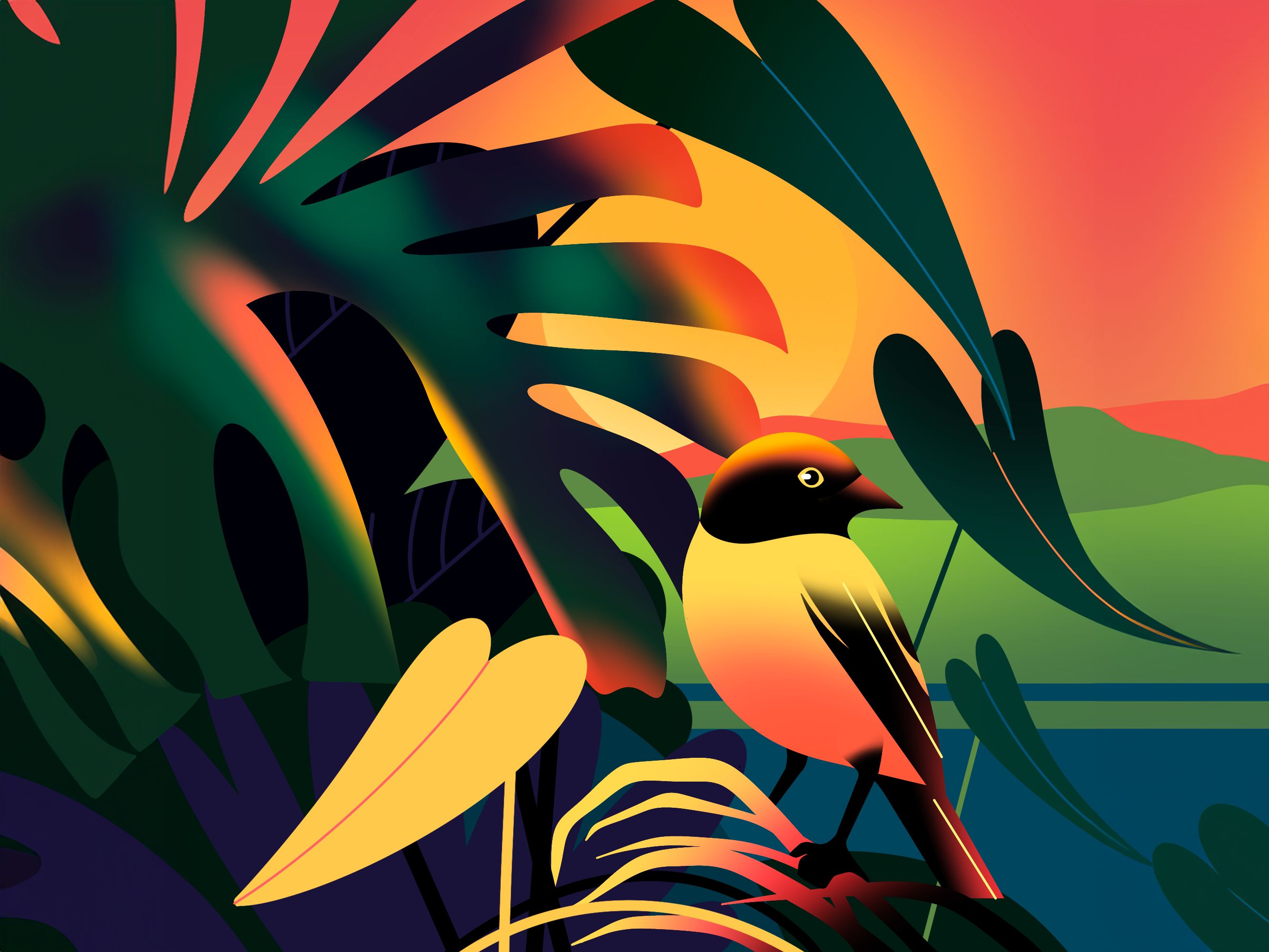Within the trees bird eco flat forest gradient graphic design holidays illustration minimal monstera mountains nature plant postcard poster scenery sun sunrise sunset vector