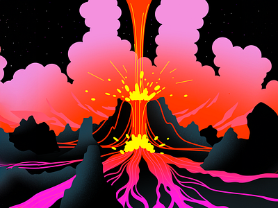 Through the fire colorful dramatic eruption explosion fire flat illustration lava minimal mountains nature night vector volcano
