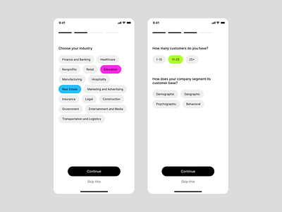 Onboarding answers branding button design design exploration figma flow light mode mobile onboarding options product design questions screens selections steps ui ux variants web design