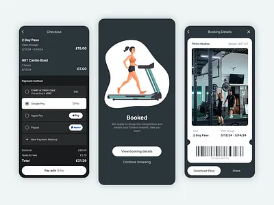 Thrive Studios Gym - Mobile Checkout Flow animation booking branding checkout dark design challenge figma transitions gym interaction design light mobile mobile app multiple themes product design prototype success uiux ux ux design visual design