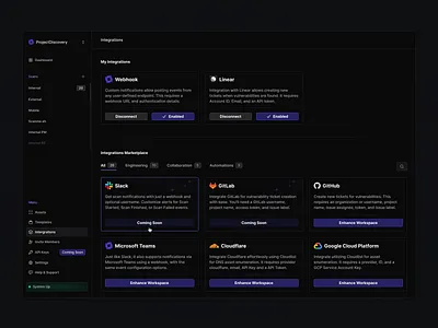 Integrations Dashboard branding cybersecurity cybersecurity dashboard dashboard design design github gitlab google cloud integrations linear product designer slack ui uiux vulnerability scanner