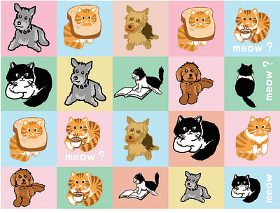 Cute fluffy cats & dogs illustration graphic design