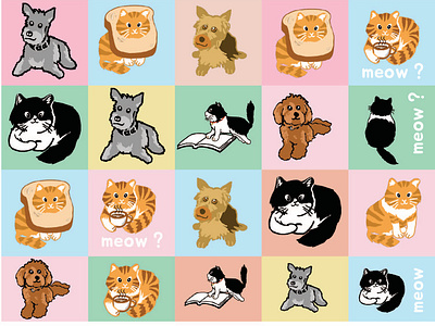 Cute fluffy cats & dogs illustration graphic design