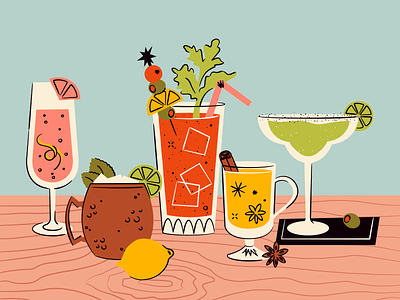 Mid-Century Inspired Cocktail Illustrations bar bloody mary brunch cocktail colorful feminine illustration libations margarita menu mid century mimosa moscow mule olive texture tiki vintage
