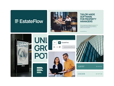 EstateFlow - Visual Identity brand identity brandbook branding brandmark corporate graphic design green logo luxury management minimalist motion graphics property real estate software ui visual identity