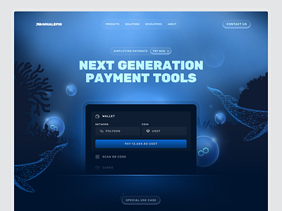 Whalefin - Crypto Finance Landing Page bitcoin blockchain blockchain website btc crypto crypto landing page crypto website cryptocurrency finance glow gradient landing page nft payment trading ui uiux ux web3 website