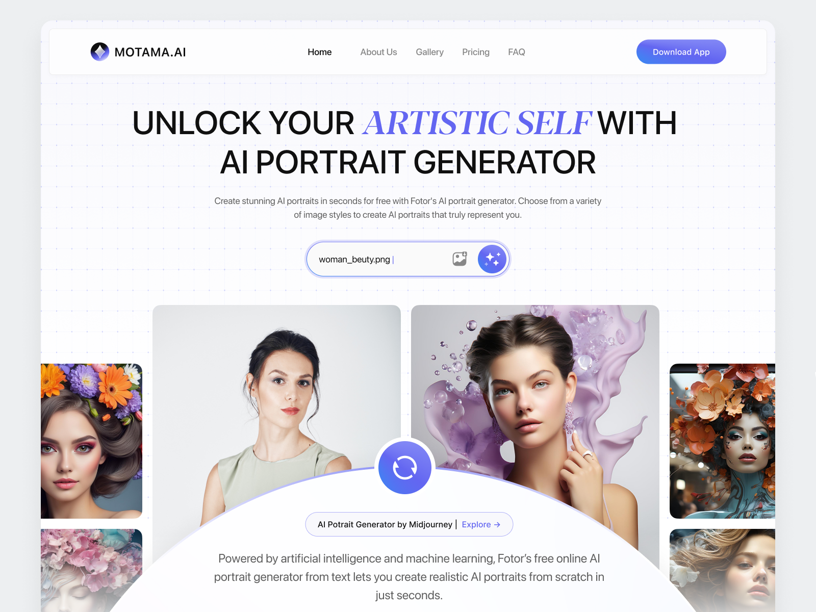 Motama.AI - Potrait Generator Hero Section ai ai art generator ai assisted art ai models art artguru artificial intelligence clean dall e digital art generate image generator illustration image generator midjourney nft photo generator potrait saas text to image