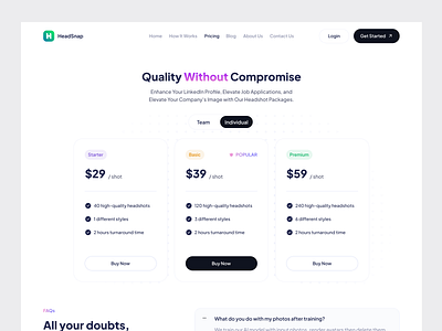 HeadSnap - Pricing Page ai ai powered artificial intelligence design headshot interface landing minimalist modern pricing pricing page pricing plans pricing table saas software startup ui ux web pricing website