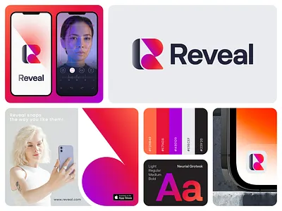 Reveal Branding app brandidentity branding font gradient identity letter logo logotype mark minimal peel r reveal symbol ui ux visualidentity