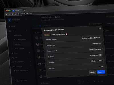 Approve Modal Popup add approval cansaas cards component conditional dark theme dashboard hr management minimal modal product design saas ui ux web app website