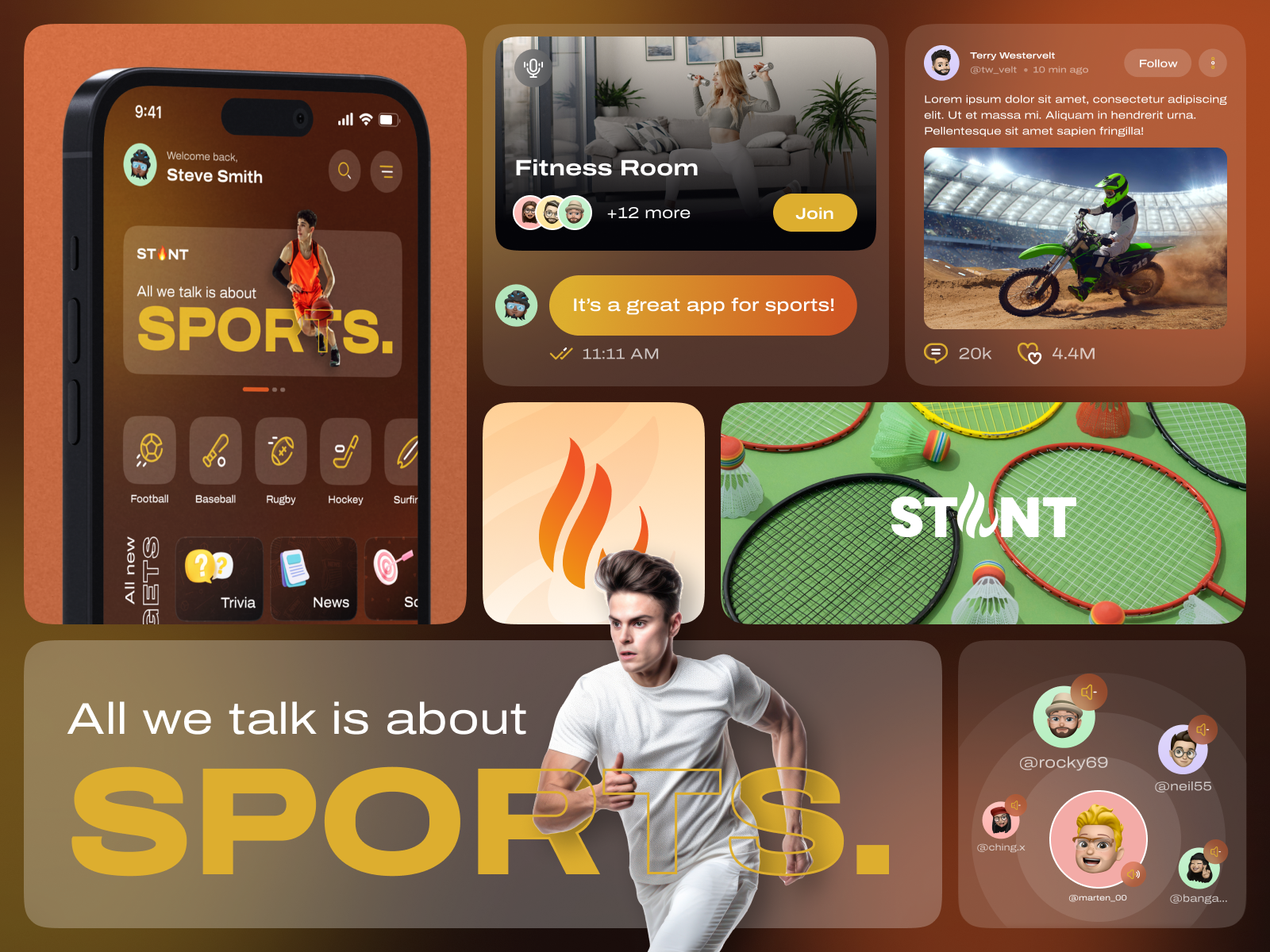 STUNT : All-in-One Sports Companion app app design branding chat room feed leaderboard live live audio live video mobile news reel shorts social sports trivia game ui user experience user interface ux